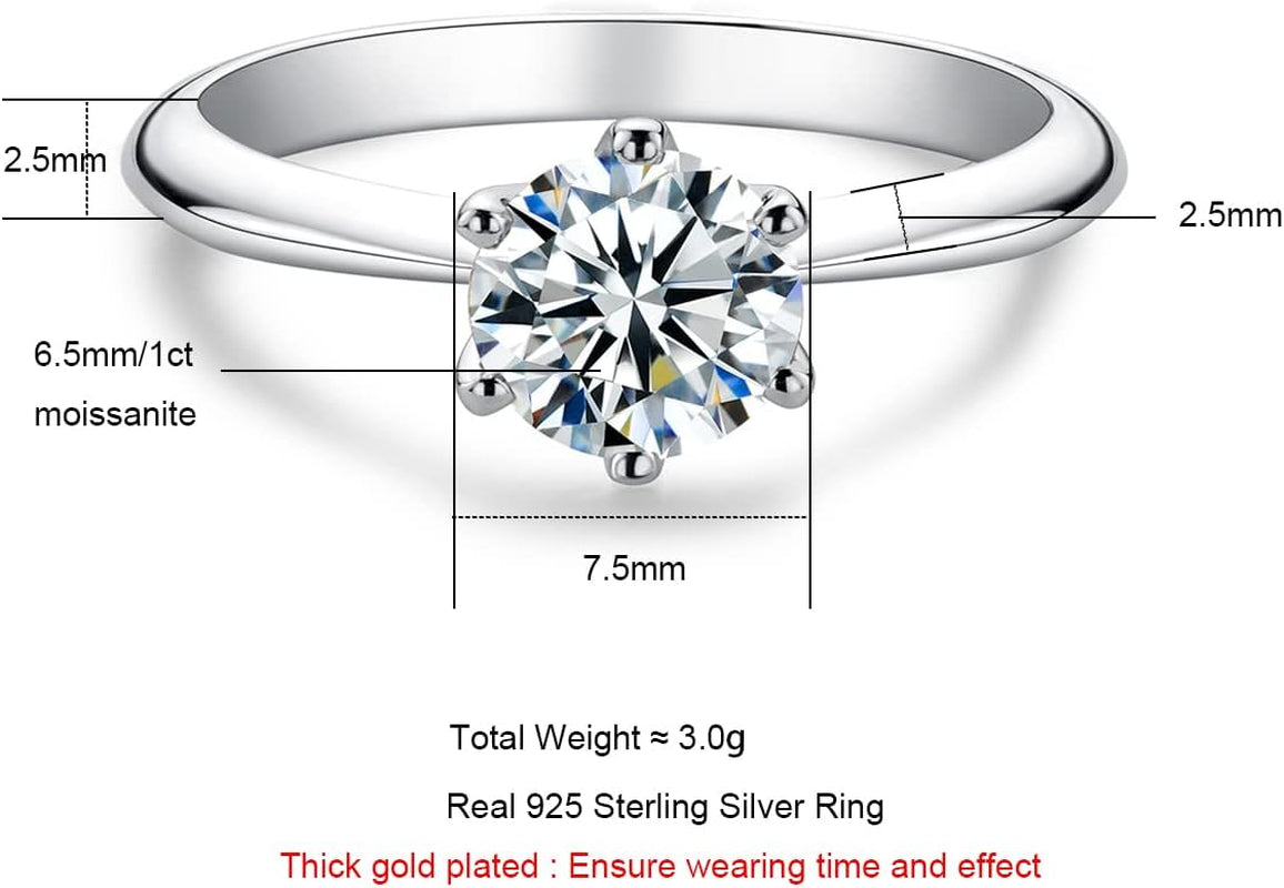 1/2/3/5CT Six Prong Solitaire Moissanite Ring, 925 Sterling Silver Ring, Gift for Wedding, Engagement and Anniversary with Certificate