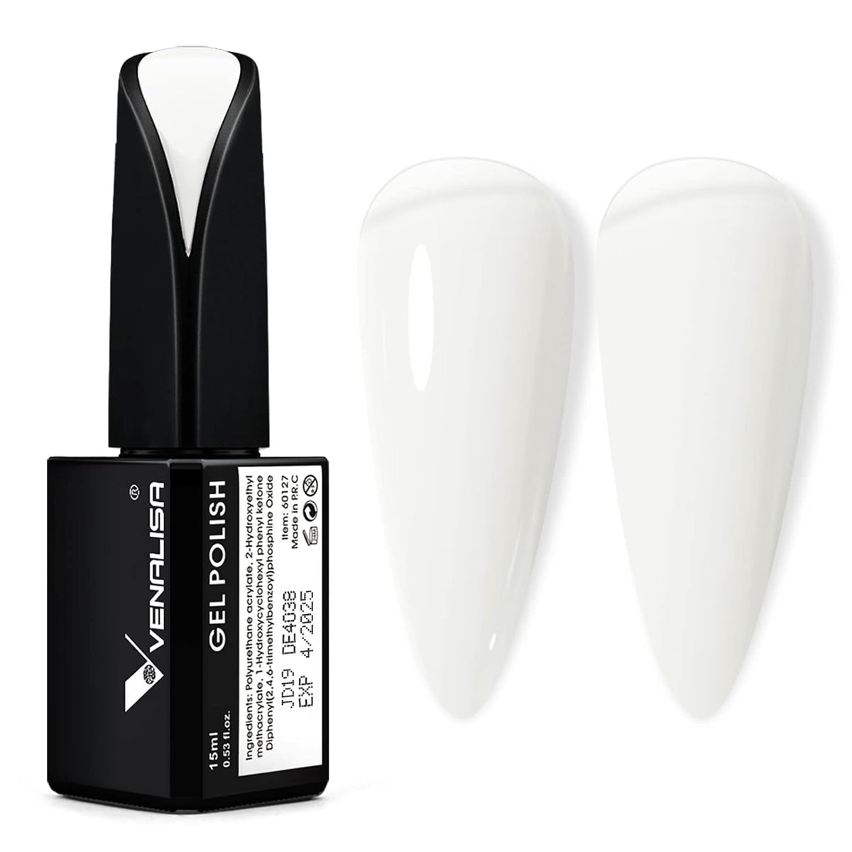 VENALISA 15ml Gel Nail Polish, Pure White Color Soak Off UV LED Nail Gel Polish Nail Art Starter Manicure Salon DIY at Home, 0.53 OZ