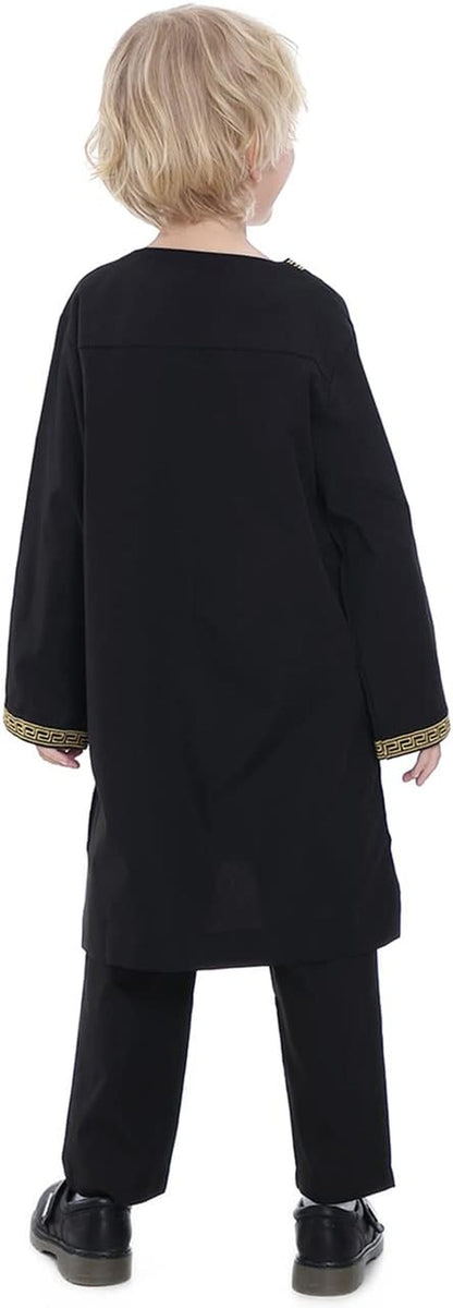 Boy'S Muslim Clothing Kaftan Set - Middle East Youth Embroidered Robe Suit round Neck Islamic Dress Arabic Wear