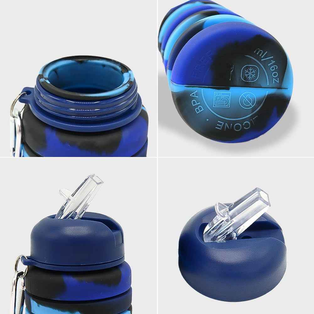 2Pack Silicone Collapsible Water Bottles, Leakproof 16Oz Portable Foldable Expandable Water Bottle Sports Cups with Straw,Bpa Free, for Outdoor Gym Travel(Blue+Rose Red)