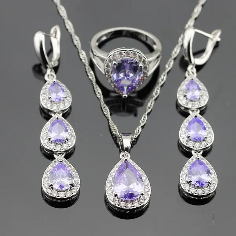 Water Drop Purple Amethyst White Topaz Zircon 925 Silver Wedding Jewelry Sets Necklace Pendant Long Earrings Rings For Women