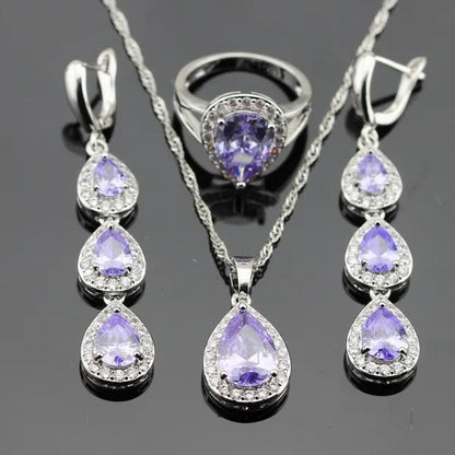 Water Drop Purple Amethyst White Topaz Zircon 925 Silver Wedding Jewelry Sets Necklace Pendant Long Earrings Rings For Women