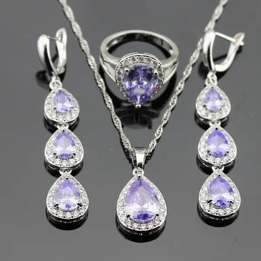 Water Drop Purple Amethyst White Topaz Zircon 925 Silver Wedding Jewelry Sets Necklace Pendant Long Earrings Rings For Women