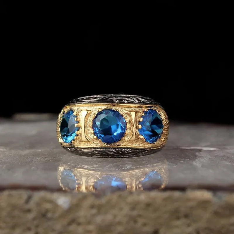 925 Sterling Silver Mens Ring With Blue Zircon Stone Pen Workmanship Rodaj Coated Fine Jewelry Fashion Rings For Men Gift For Him