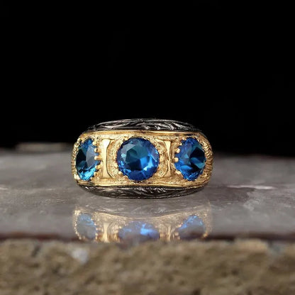 925 Sterling Silver Mens Ring With Blue Zircon Stone Pen Workmanship Rodaj Coated Fine Jewelry Fashion Rings For Men Gift For Him