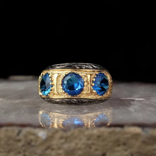 925 Sterling Silver Mens Ring With Blue Zircon Stone Pen Workmanship Rodaj Coated Fine Jewelry Fashion Rings For Men Gift For Him