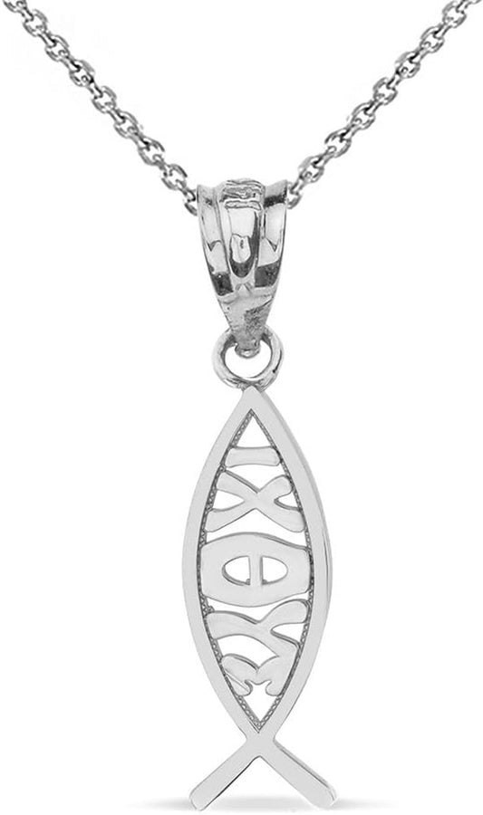 925 Sterling Silver Ichthus Ichthys Christian Vertical Fish Pendant Necklace