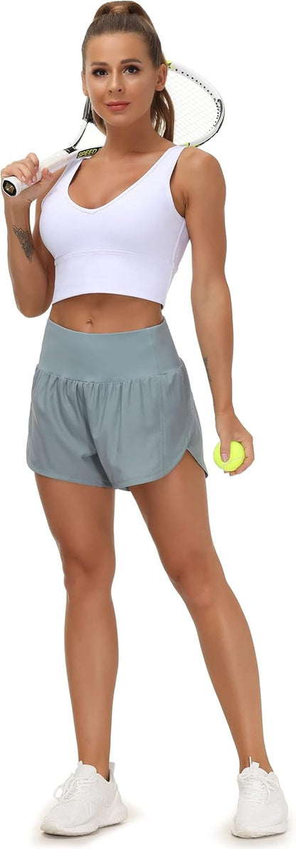 Womens High Waisted Running Shorts Quick Dry Athletic Workout Shorts with Mesh Liner Zipper Pockets