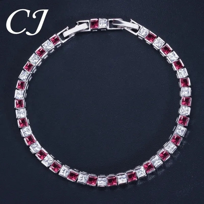 CANDICE Elegant Red Cubic Zirconia Setting Square Women Chain Bracelet Bangle for Birthday Gift