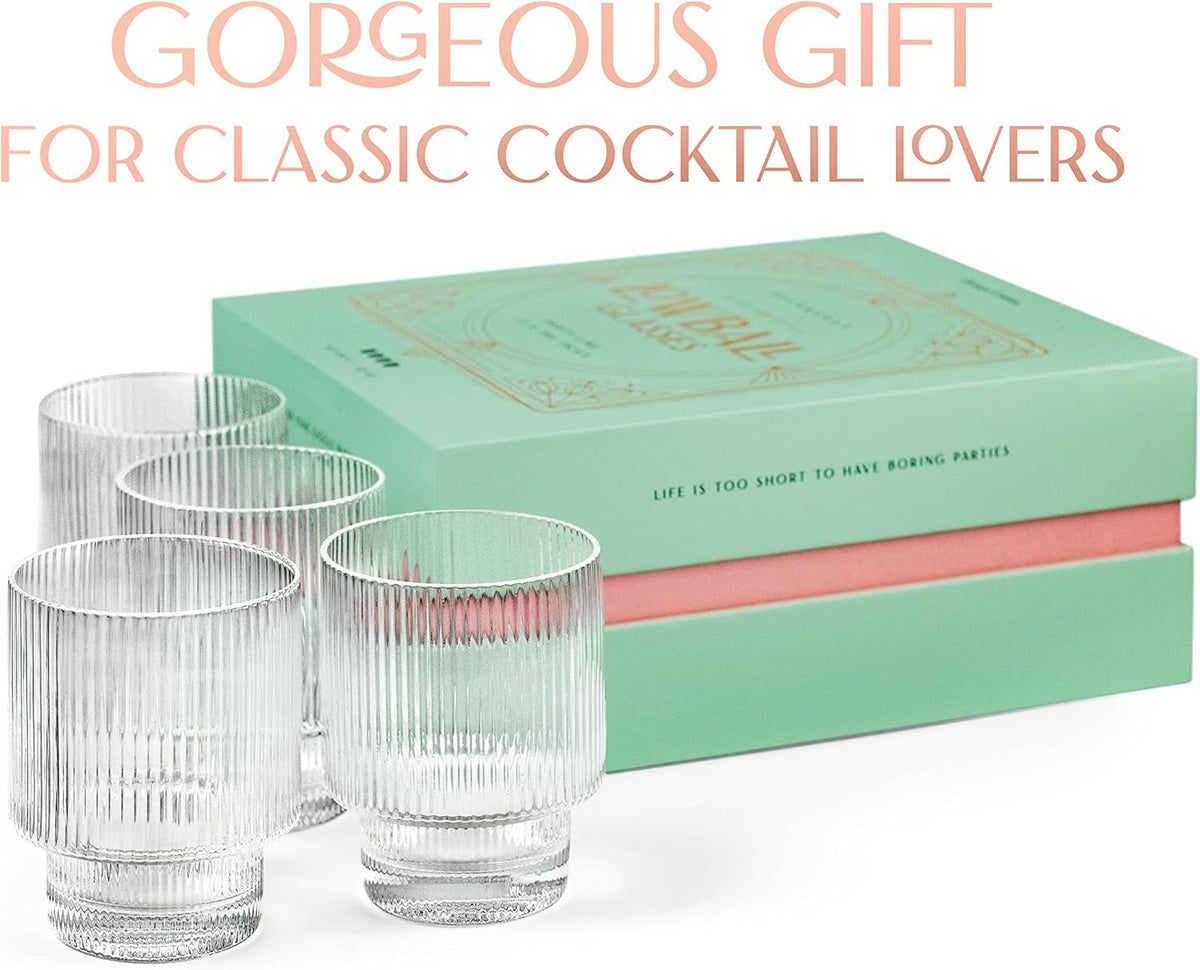 Vintage Art Deco Ribbed Lowball Cocktail Glasses | Set of 4 | 12 Oz Crystal Double Old Fashioned Tumblers for Drinking Classic Whiskey, Gin, Vodka Bar Drinks | round Glassware