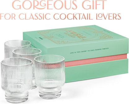 Vintage Art Deco Ribbed Lowball Cocktail Glasses | Set of 4 | 12 Oz Crystal Double Old Fashioned Tumblers for Drinking Classic Whiskey, Gin, Vodka Bar Drinks | round Glassware