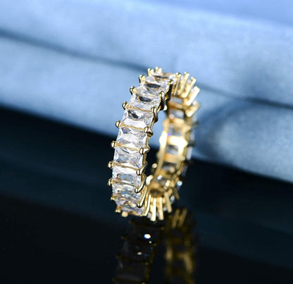 18K Gold Plated Ring Cubic Zirconia Emerald Cut Eternity Rings Gold Wedding Band