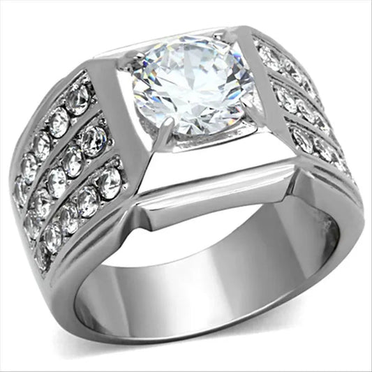 2.94 Ct Round Cut Simulated Diamond Silver Stainless Steel Ring Sizes 8-13
