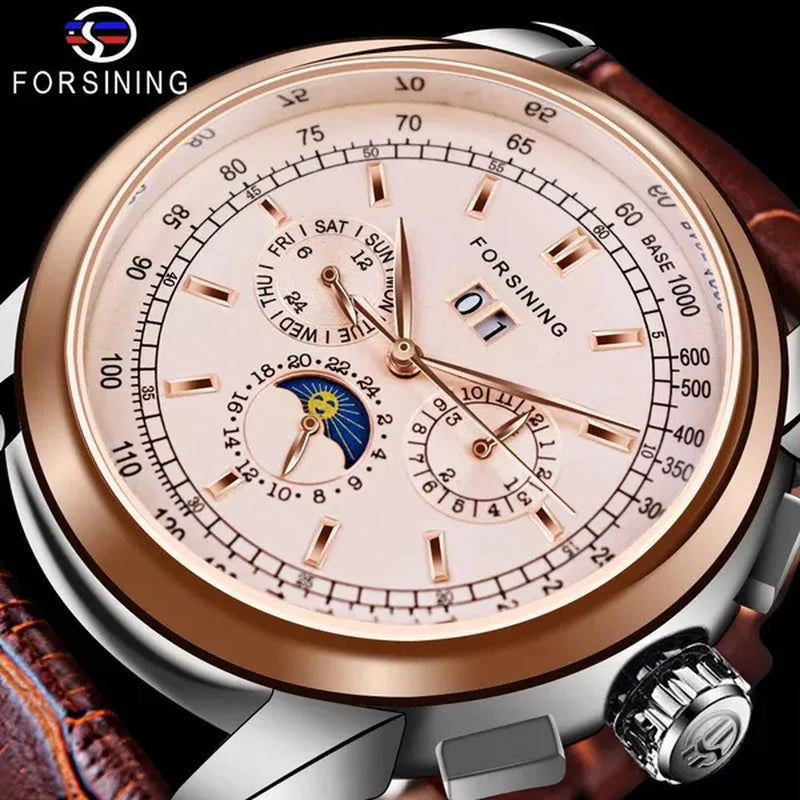 Forsining Moon Phase Shanghai Movement Rose Gold Case Brown Bracelet En Cuir Véritable Montres Pour Hommes Top Brand Luxury Auotmatic Watch with Gift Box