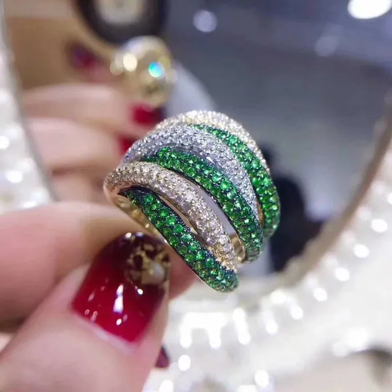 Luxury  Silver Natural Gemstones Emerald Twist Rings Birthstone Engagement Rings Wedding Anniversary Bride Women Ring Size 6 7 8 9 10
