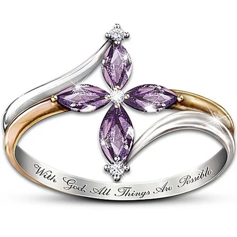 Exquisite 925 Sterling Silver Goldplated Natural Sapphire Amethyst Cross Ring Earrings Necklace Bride Princess Wedding Engagement Birthstone Jewelry Set Ring Size 5-10