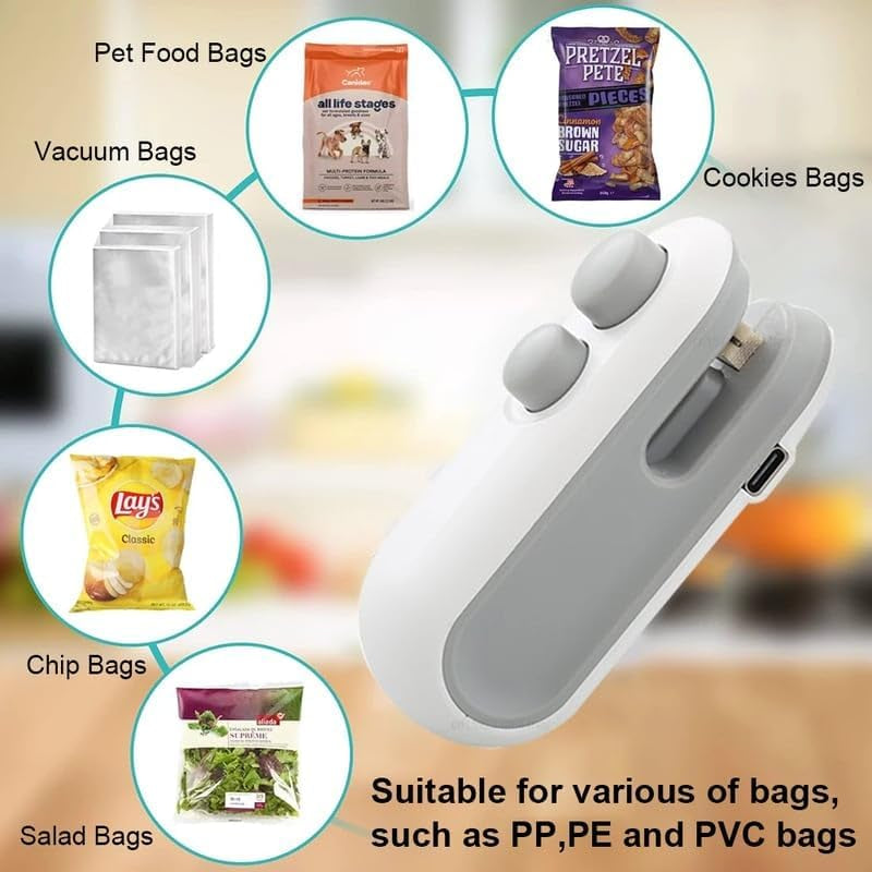 Mini Bag Sealer, 2024 New 2 in 1 Usb Rechargeable Chip Bag Sealer Heat Seal, Portable Handheld Rechargeable Vacuum Food Sealer Bag Sealing Machine for Snacks Chips Fresh Storage (White)