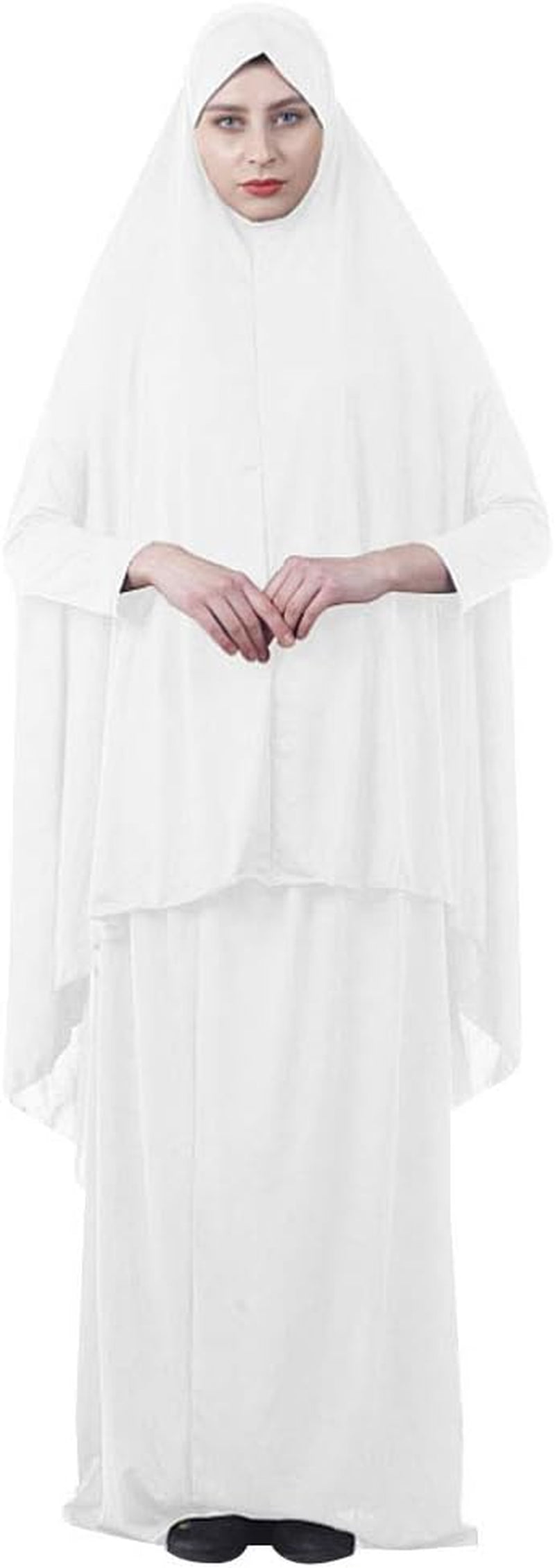 Women'S Muslim Prayer Dress Hijab Scarf Islamic Abaya Two-Piece Full Length Dress (White, L)