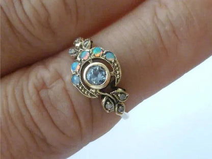 Antique Style Women's Vintage Gold Plated Aquamarine & Opal Moon Ring Anniversary Gift Engagement Bridal Wedding Jewelry Rings Size 5-10