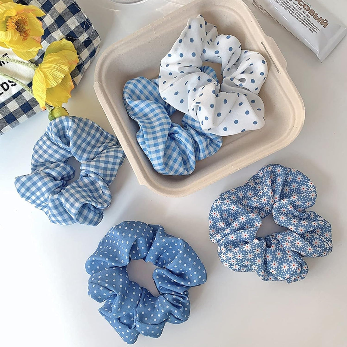 Blue Plaid Scrunchies Set - 5 Bandana Hair Ties for Women