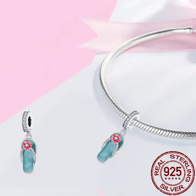 Stylish S925 Sterling Silver Blue Flip Flops With Red Flower Charm Fit Bracelet & Necklace DIY Jewelry