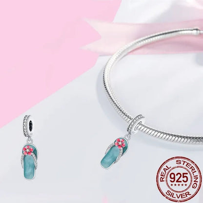 Stylish S925 Sterling Silver Blue Flip Flops With Red Flower Charm Fit Bracelet & Necklace DIY Jewelry