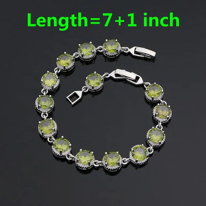 925 Sterling Silver Jewelry Set Olive Green Cubic Zirconia Retro Earrings Ring Pendant Necklace Bracelet 4pcs for Bride