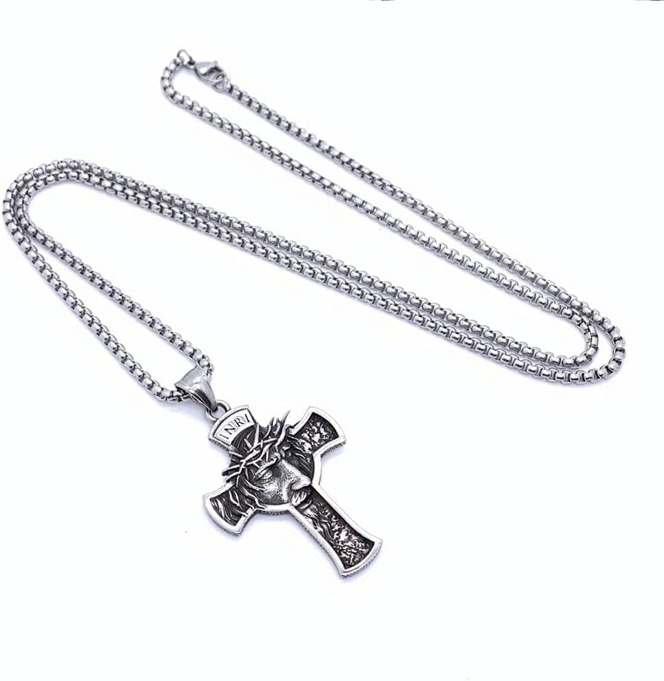 INRI Jesus Christ Necklace, Cross Pendant Necklace with Crown of Thorns Jesus