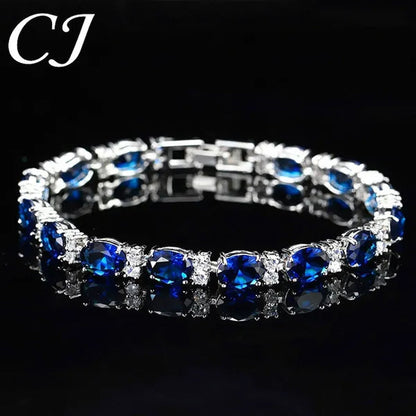 CANDICE Top Grade Blue Oval Women Silver Plated Jewelry Pave White Cubic Zirconia Noble Tennis Bracelet Bangles with Extended Clasp