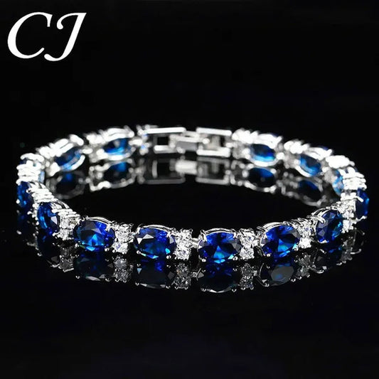 CANDICE Top Grade Blue Oval Women Silver Plated Jewelry Pave White Cubic Zirconia Noble Tennis Bracelet Bangles with Extended Clasp