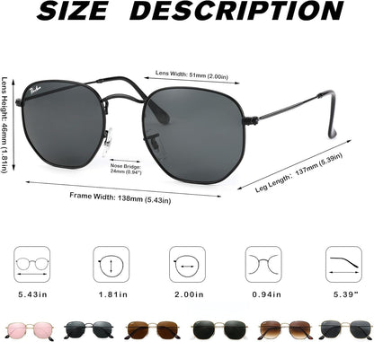 Small Square Sunglasses for Women Men 100% Real Glass Lens Hexagonal Frame