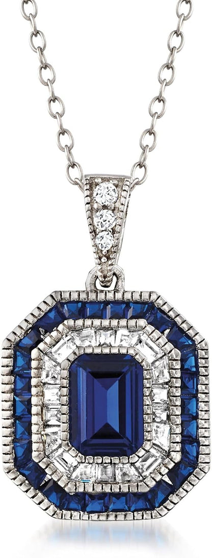 1.25 Carat Simulated Sapphire and .60 Ct. T.W. Lab-Grown Blue Spinel Pendant Necklace with .32 Ct. T.W. Czs in Sterling Silver. 18 Inches