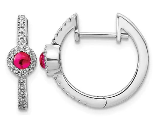 1/4 Carat (ctw) Natural Cabochon Ruby Hoop Earrings in 14K White Gold with Diamonds 1/5 Carat (ctw)