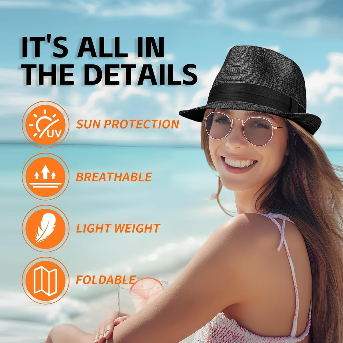 Straw Fedora Hat for Women Men Packable Short Brim Roll up Trilby Hat Panama Summer Beach Sun Hat UPF 50+