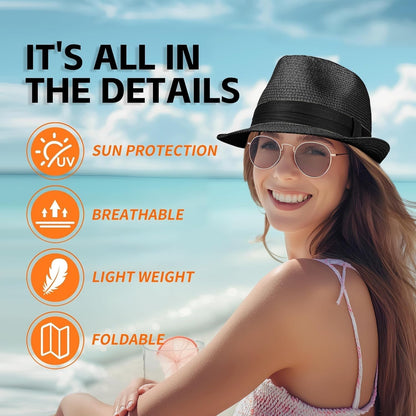Straw Fedora Hat for Women Men Packable Short Brim Roll up Trilby Hat Panama Summer Beach Sun Hat UPF 50+