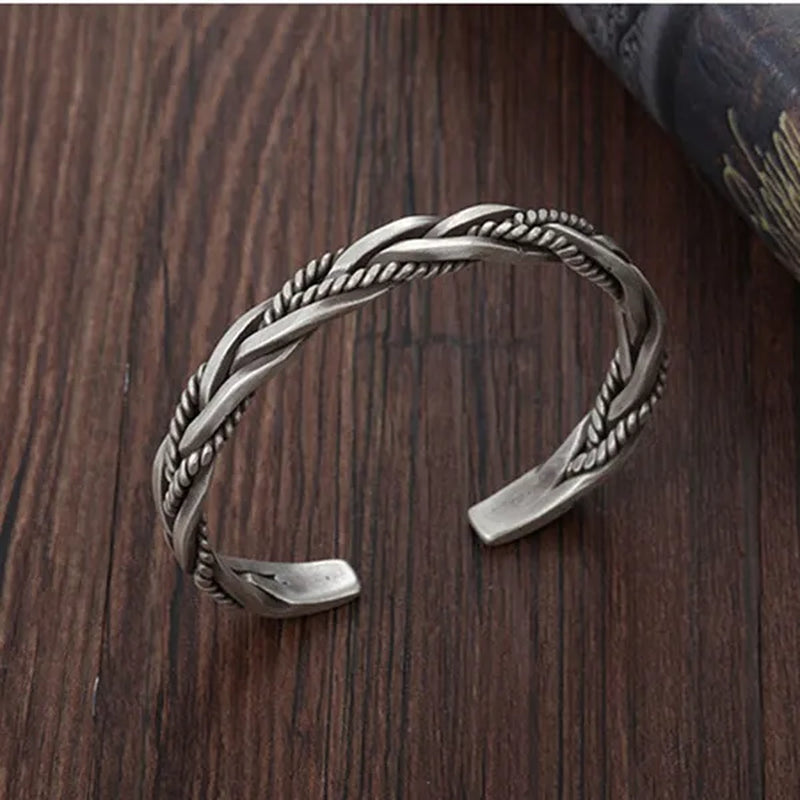 925 Sterling Silver Vintage Weave Style Opening Men Bracelet Fashion Silver Distressed Geometric Bracelets Jewelry Gift