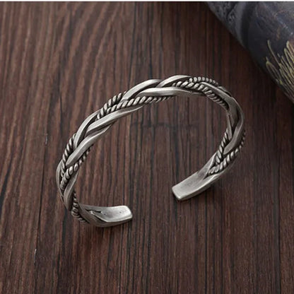 925 Sterling Silver Vintage Weave Style Opening Men Bracelet Fashion Silver Distressed Geometric Bracelets Jewelry Gift