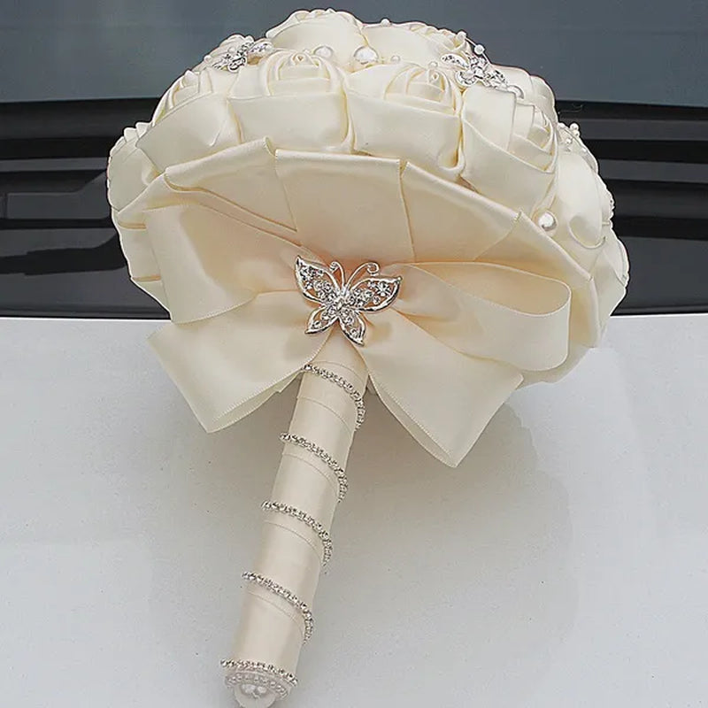 Ivory Rose Bride Wedding Bouquets Pearl Jewelry Brooch Bouquet Flowers 18cm
