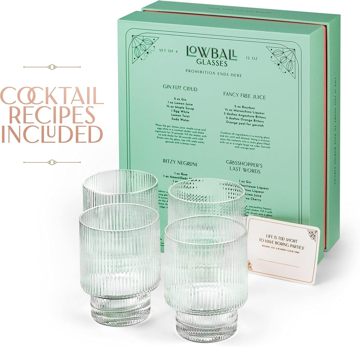 Vintage Art Deco Ribbed Lowball Cocktail Glasses | Set of 4 | 12 Oz Crystal Double Old Fashioned Tumblers for Drinking Classic Whiskey, Gin, Vodka Bar Drinks | round Glassware