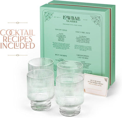 Vintage Art Deco Ribbed Lowball Cocktail Glasses | Set of 4 | 12 Oz Crystal Double Old Fashioned Tumblers for Drinking Classic Whiskey, Gin, Vodka Bar Drinks | round Glassware
