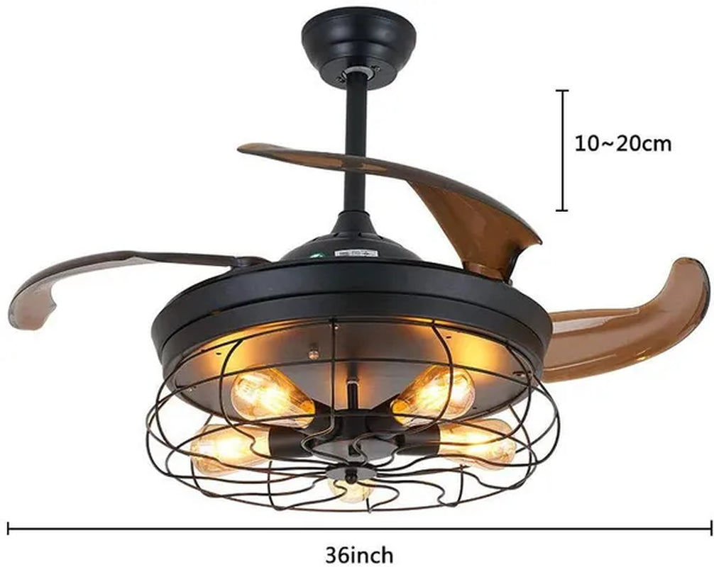 36 Inch Ceiling Fan with Light Industrial Ceiling Fan Retractable Blades Vintage Cage Chandelier Fan with Remote Control