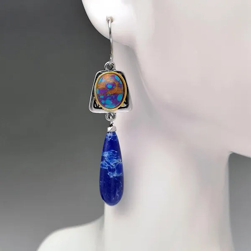 Exquisite Retro Bohemian Earrings Silver Plated Blue Stone Dangle Hook Earrings Bridal Wedding and Engagement Anniversary Gift Jewelry Earrings for Women