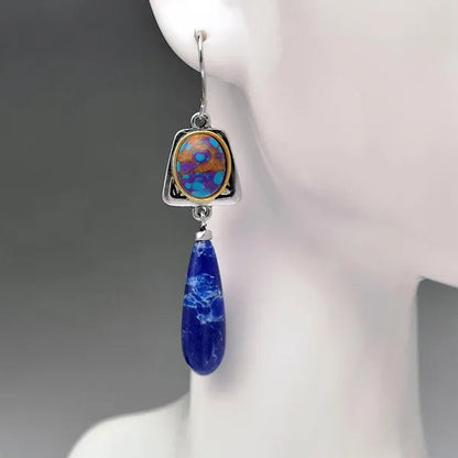 Exquisite Retro Bohemian Earrings Silver Plated Blue Stone Dangle Hook Earrings Bridal Wedding and Engagement Anniversary Gift Jewelry Earrings for Women