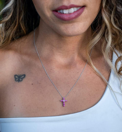 Lab Created Ruby Pendant Necklace Cross in Sterling Silver - 18 Inch Chain