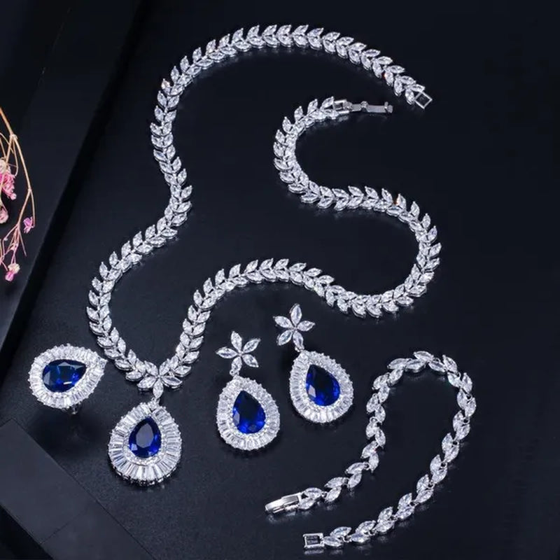 CANDICE Luxurious CZ Wedding 4 Pcs Set For Bridal Sparkling Water Drop Blue Zirconia White Gold Plated Necklace Earrings Bracelet Ring Sets