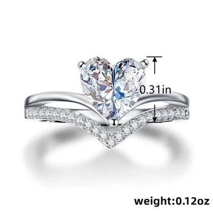 V-shape Solitaire Ring Heart Shape Diamonds Sweet Finger Ring Two Layer Women's Engagement Banquet Ring Exquisite Jewelry
