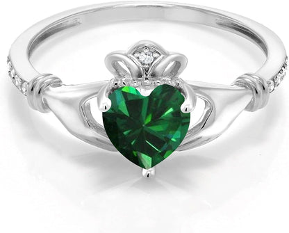 10K White Gold 6MM Heart Shape Gemstone Birthstone and White Diamond Irish Celtic Claddagh Engagement Ring | Gold Ring for Women | Available in Size 5, 6, 7, 8, 9