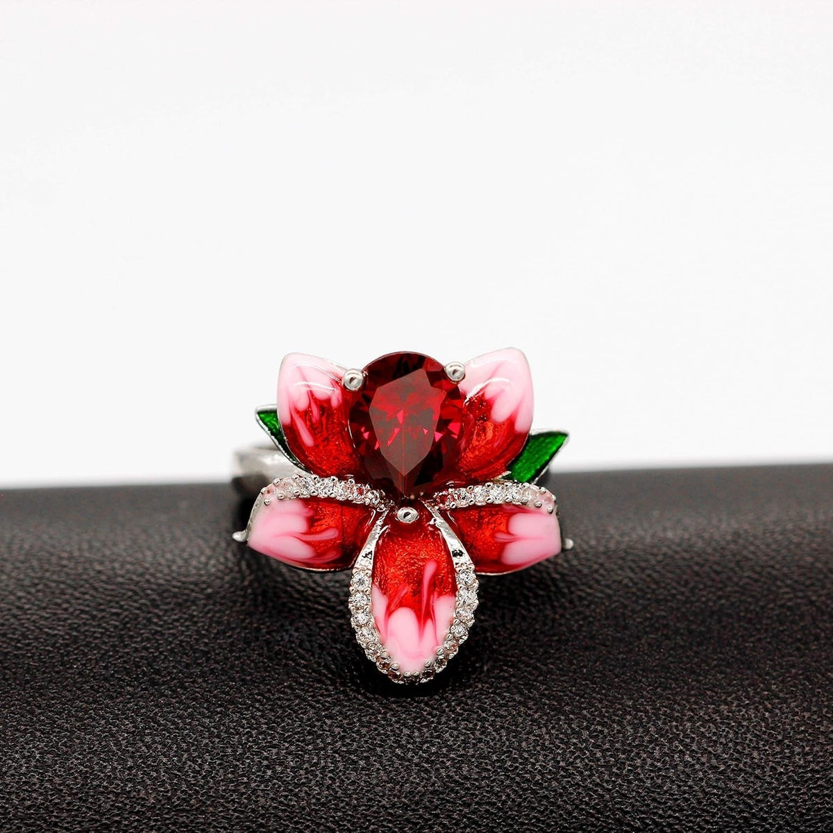 Beautiful Red Enamel Rose Ring for Women Blossom Flower Rings with Pear Cut Cubic Zirconia Cocktail Summer Ring RA627