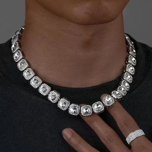 12mm Iced Out Square Tennis Chain Necklace,Diamond Cuban Link Necklace Hip Hop Jewelry with For Men Women Charm Jewelry