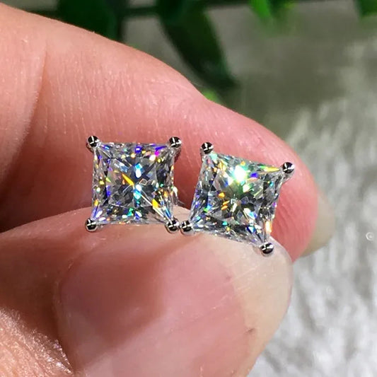 Fashion 18K White Gold Princess Cut Moissanite White Diamond Stud Earrings 4mm/5mm/6mm/7mm
